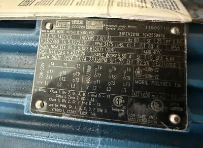WEG 00236ET3E145TC-W22 230/460 V AC 3475 RPM 2 HP NEMA Premium Severe Duty Motor