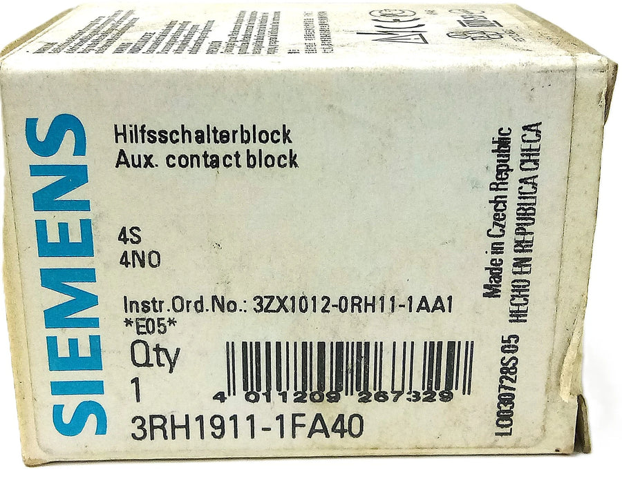 Siemens 3RH1911-1FA40 240 V AC 10 A Auxiliary Contact Block w/ 4 NO Contacts