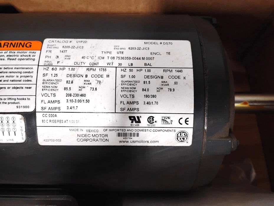NIDEC US Motors U1P2D 208-230/460 190/380 V 1440/1755 RPM 1 HP 143T Motor
