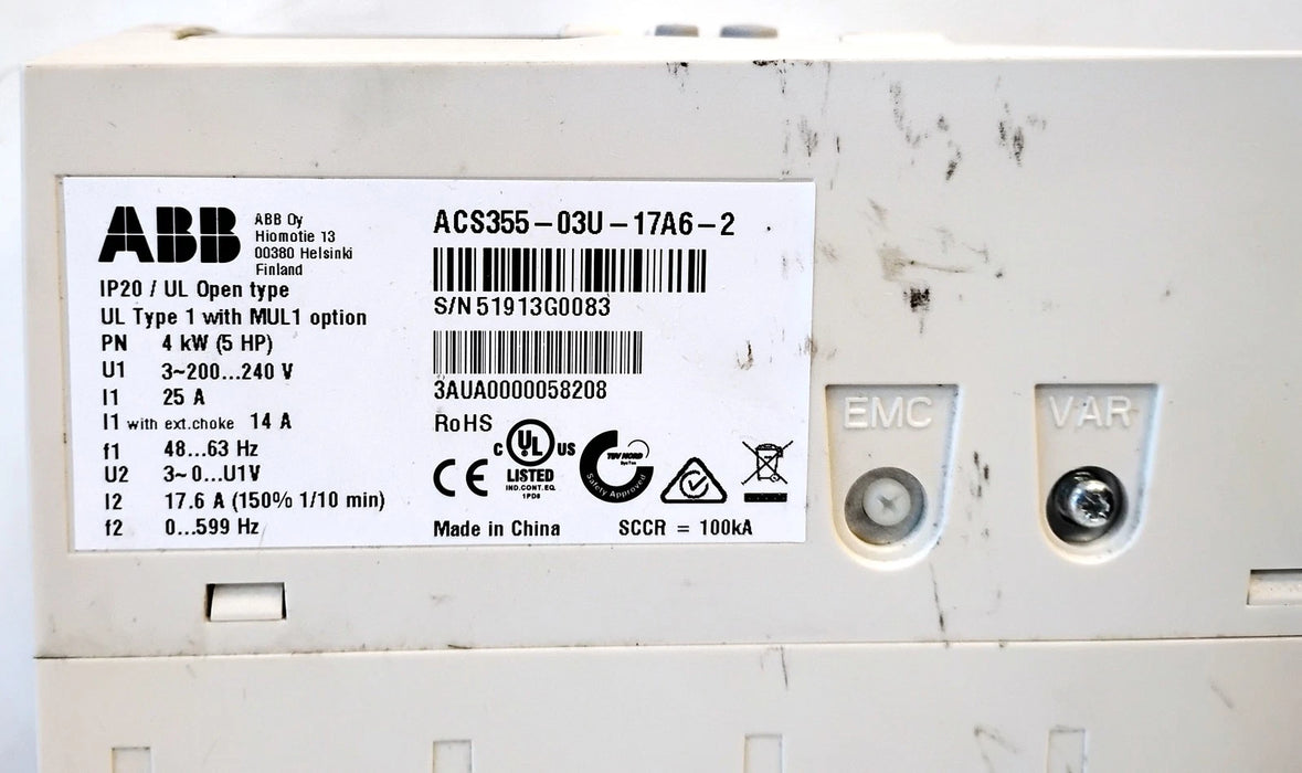 ABB ACS355-03U-17A6-2 200-240 V AC 4 kW 5 HP 17.6 A Variable Frequency Drive