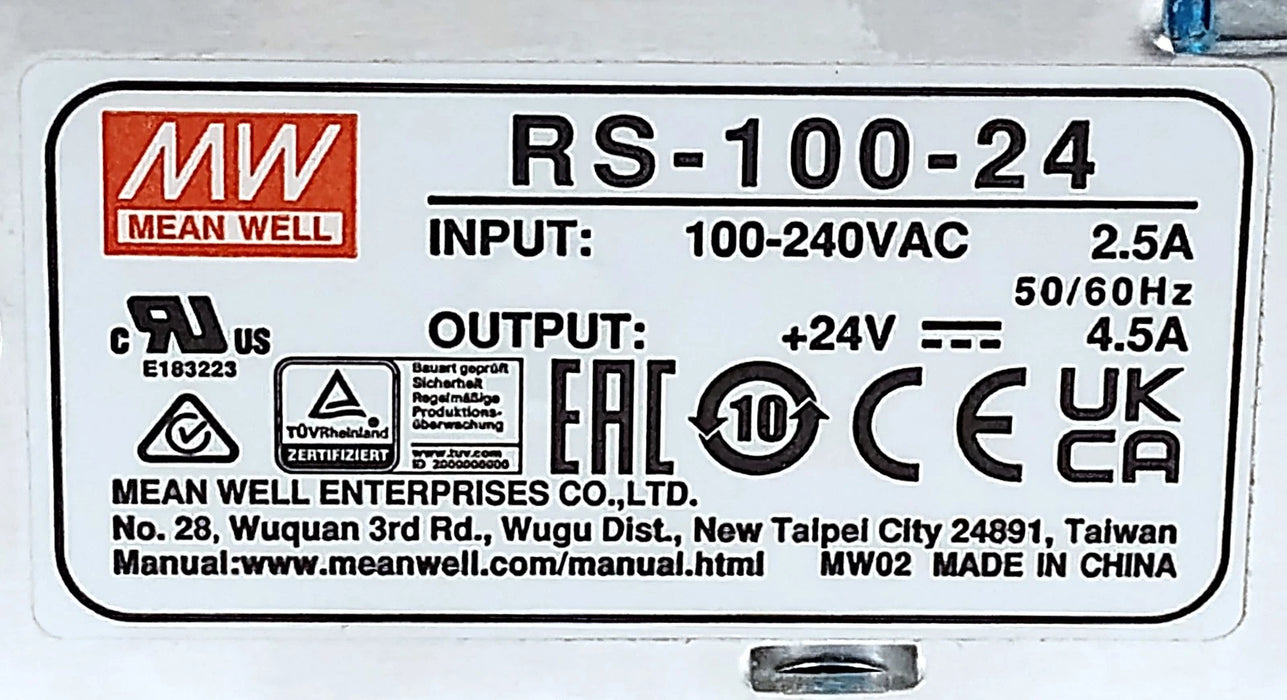 Mean Well RS-100-24 Power Supply w/ 100-240VAC 2.5 A Input / 24VDC 4.5 A Output