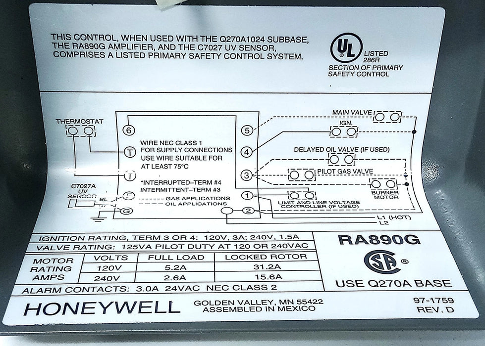 Honeywell RA890G-1260 PROTECTORELAY 120V AC 15 Sec/3 Sec Flame Safety Controller