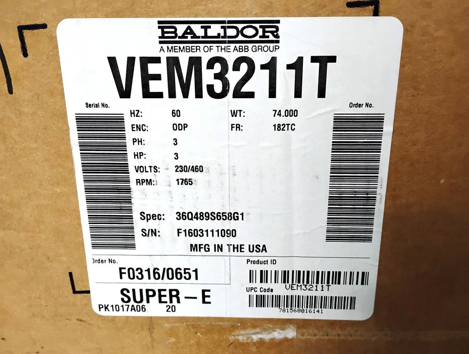 Baldor VEM3211T 230/460 V 3 HP 1765 RPM Super-E Motor