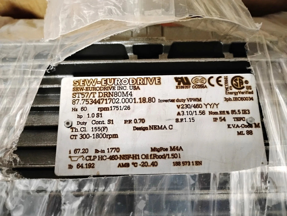 SEW Eurodrive ST57/T DRN80M4 230/460 V 1 HP 1751/26 RPM Gear Motor