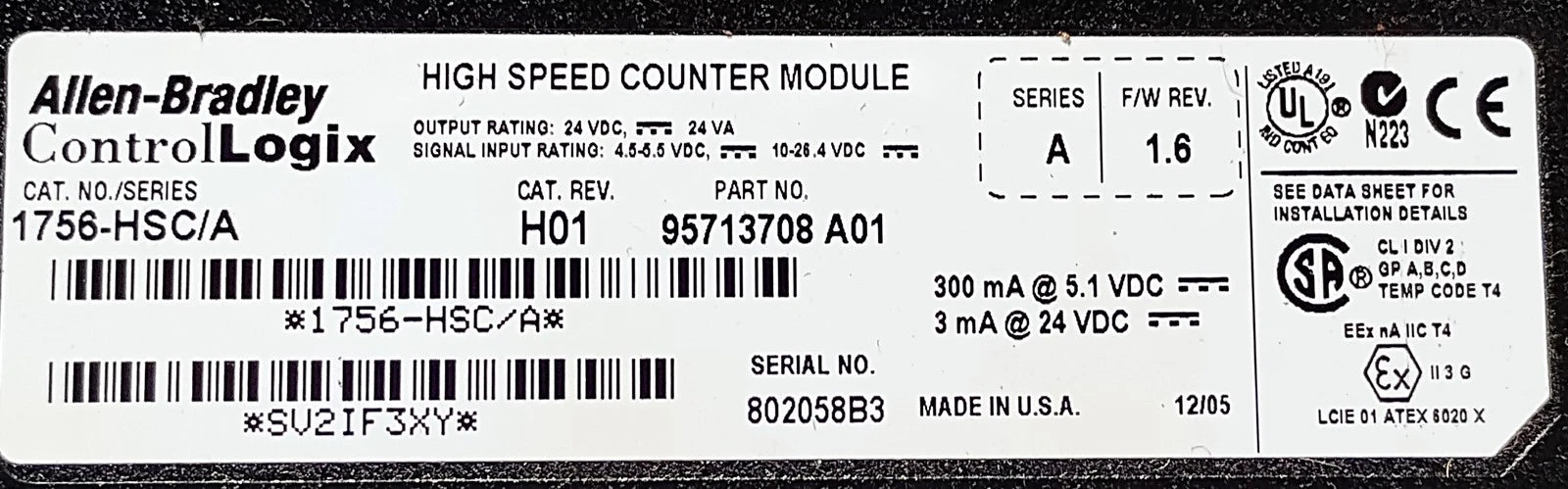 Allen-Bradley 1756-HSC Ser A Rev H01 FW Rev 1.6 24 V DC PLC High Speed Counter