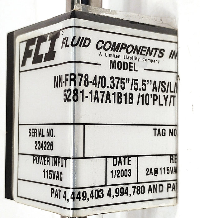 Fluid Components NN-FR78-4/0.375"/5.5"A/S/L/H 5281-1A7A1B1B/10'PLY/T 115 V Relay
