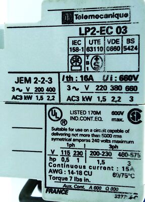 Telemecanique LP2-EC03 690 V AC 16 A 3 Pole Reversing Contactor