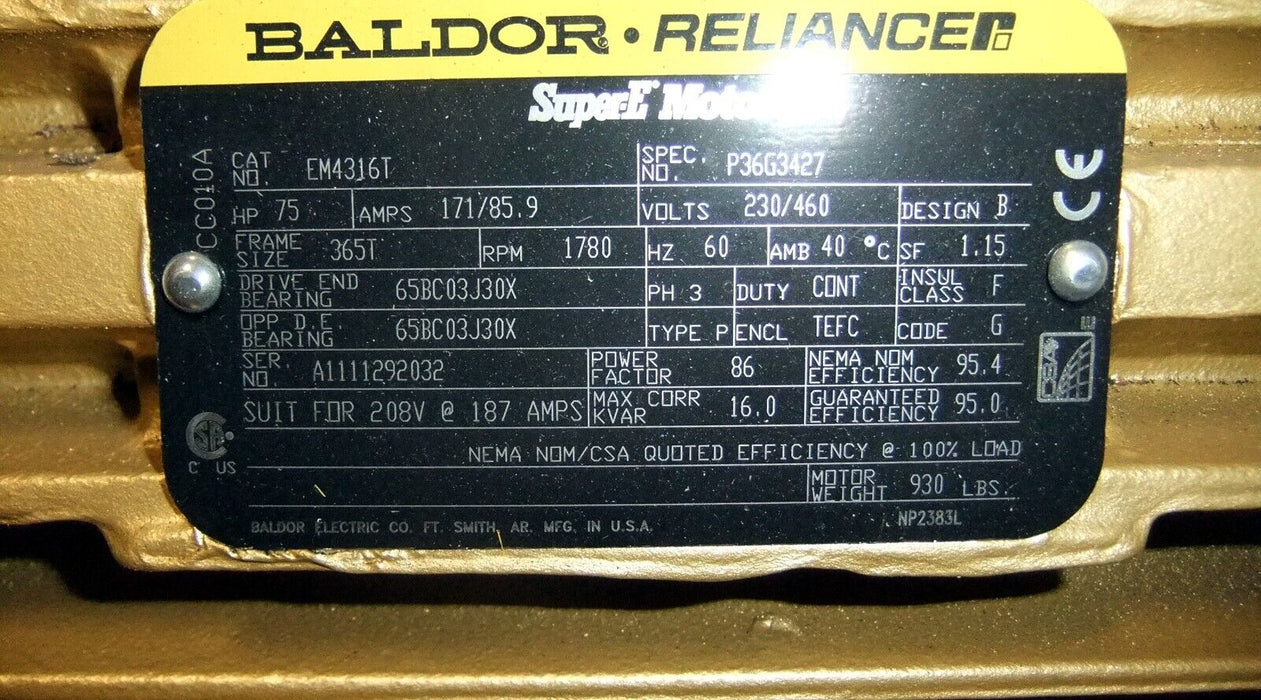 Baldor E4316T 75 HP Foot Mounted Motor