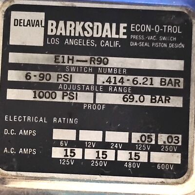 Barksdale E1H-R90 125/250/480VAC or 125/250VDC 15 A 6-90 psi Pressure Switch