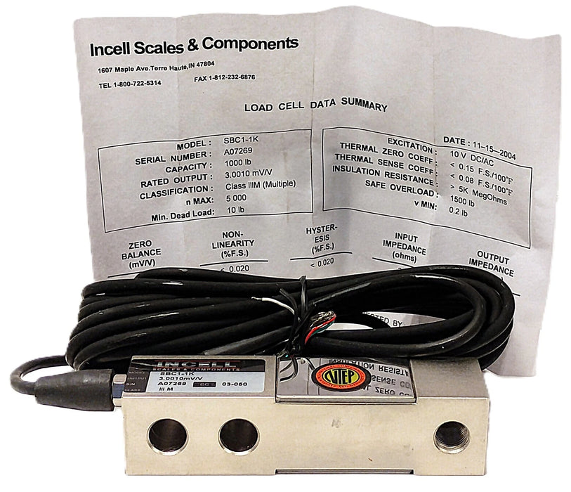 Incell SBC1-1K 3.001 mV/V Class III M 1000 lb Load Cell