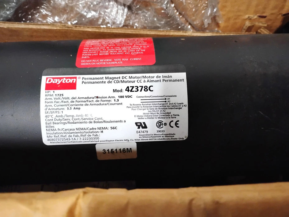 Dayton 4Z378C 180 V DC 1725 RPM 1 HP TEFC NEMA 56 Permanent Magnet DC Motor