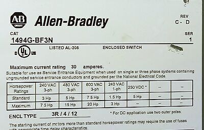 Allen-Bradley 1494G-BF3N 600 V 30A 20HP Enclosed Disconnect Switch