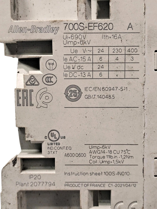 Allen-Bradley 700S-EF620EJC 690 V AC 16 A Safety Relay w/ 24-28 V AC/DC Coil