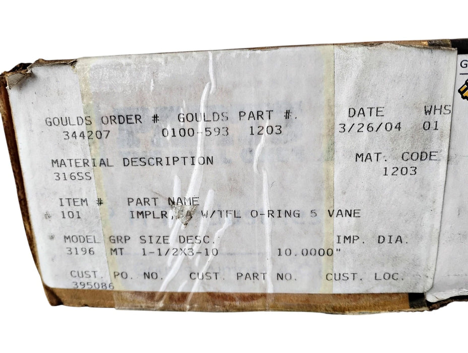 ITT Goulds Pumps 0100-593 1203 3196-MT 1-1/2X3-10 5-Vane Stainless Impeller