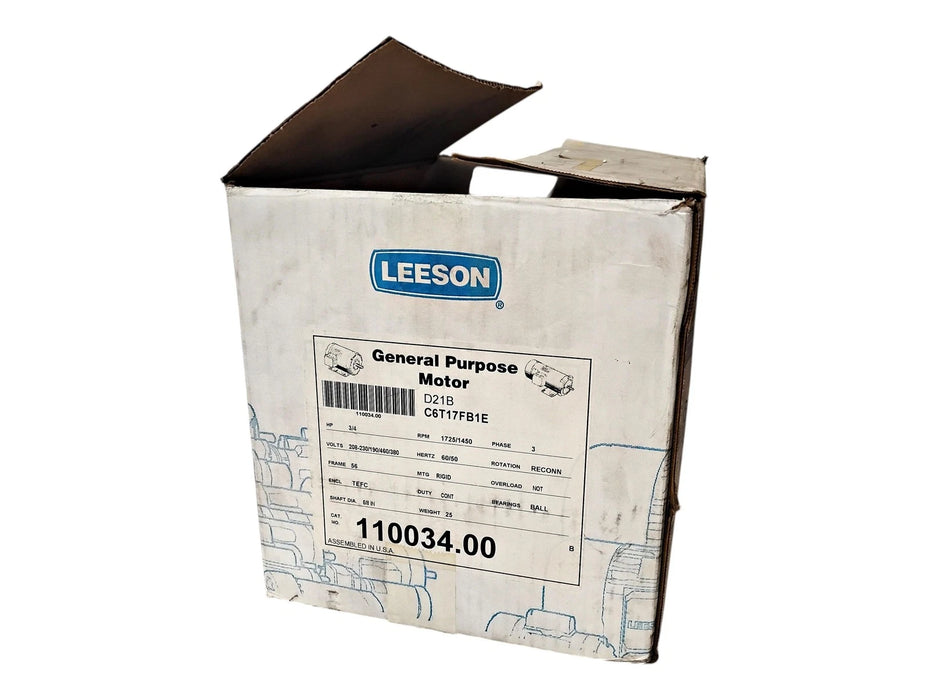 Leeson 110034.00 D21B C6T17FB1E 208-230/190/460/380 V 1725/1450 RPM 3/4 HP Motor