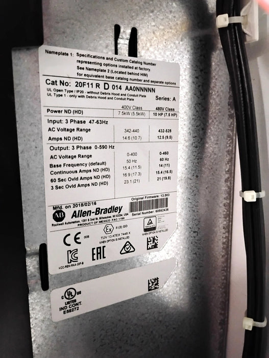 Allen-Bradley 20F11RD014AA0NNNNN 480 V 7.5kW 10HP 14A PowerFlex 753 Drive w/ CB