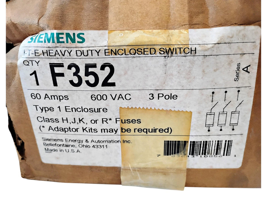 Siemens F352 60 A 600 V AC 3 P Type 1 Enclosed I-T-E Heavy Duty Safety Switch