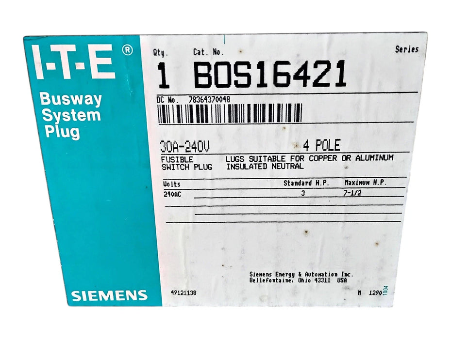 Siemens BOS16421 240 V 30 A 3 P Fusible BD Bus Plug