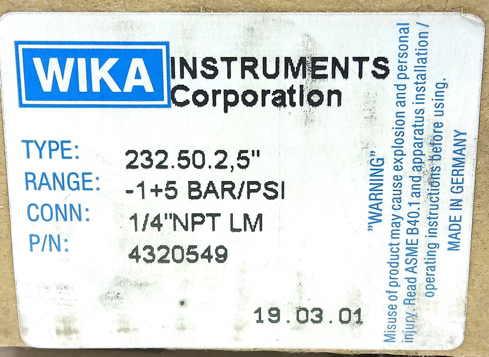 WIKA 4320549 232.50.2.5 (-1)-5 Bar (-14)-70 psi Stainless Steel Pressure Gauge