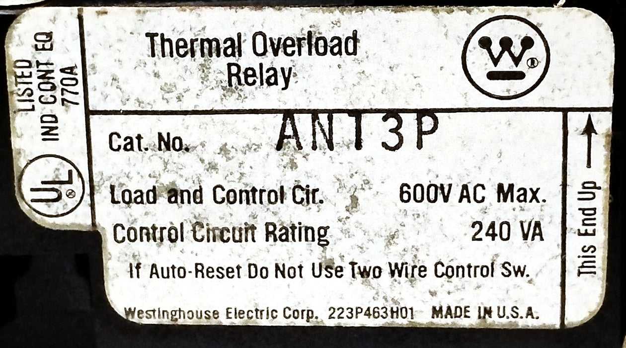 Westinghouse AN13P 600 V AC 3-Pole Thermal Overload Protection Relay No Heaters