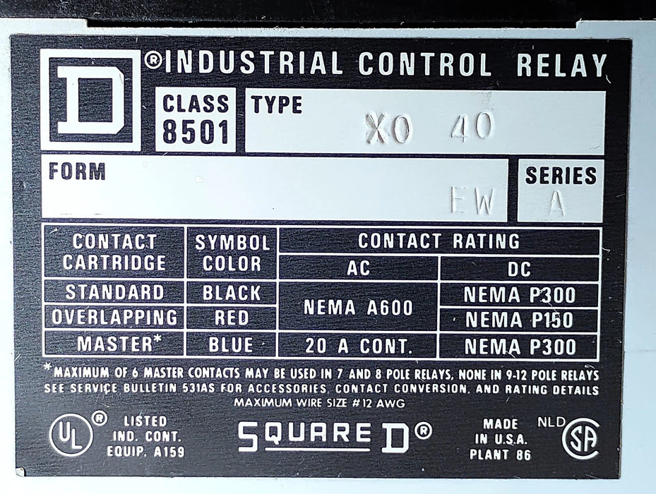 Square D 8501-XO40 600 V AC 10 A Control Relay w/ 110/120 V AC Coil