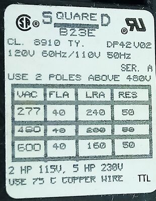 Square D 8910-DP-42-V02 600VAC 2 Pole Definite Purpose Contactor w/ 120VAC Coil
