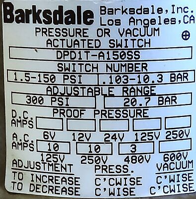 DPD1T-A150SS 125-480V 3-10A Adjustable Pressure or Vacuum Actuated Switch