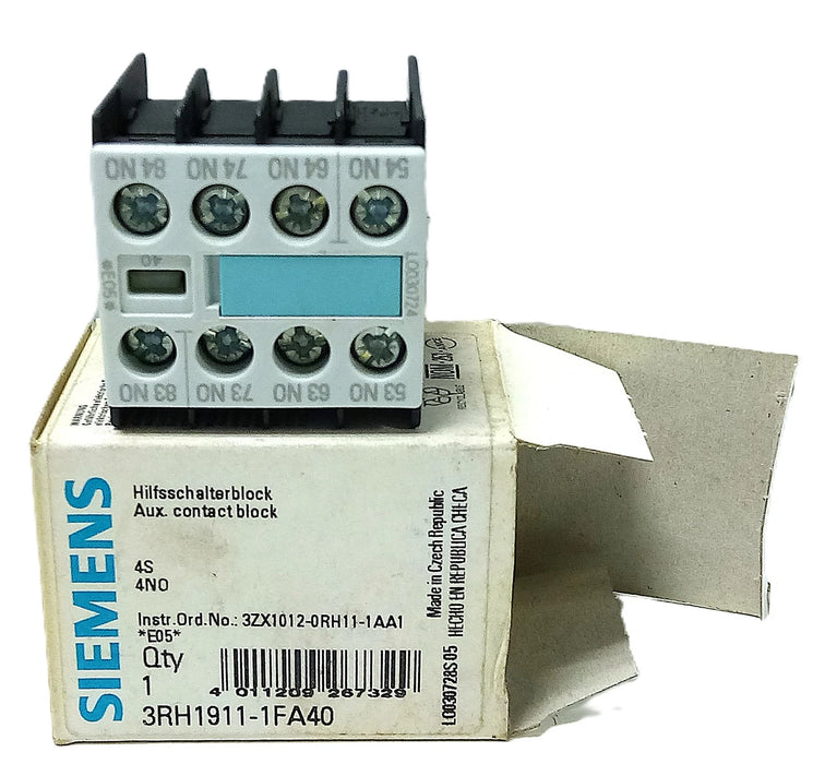 Siemens 3RH1911-1FA40 240 V AC 10 A Auxiliary Contact Block w/ 4 NO Contacts