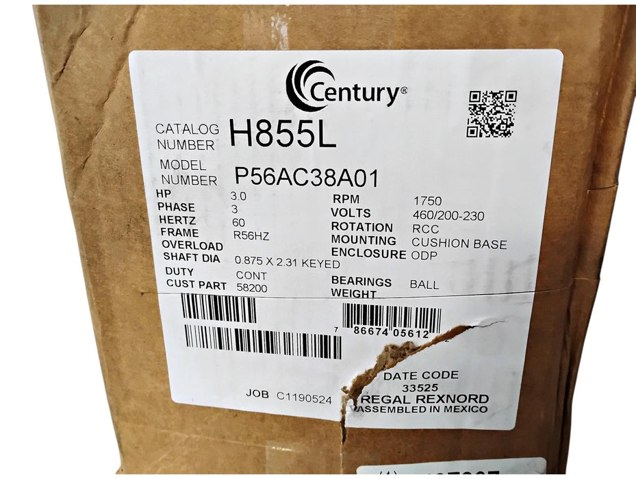 Century H855L 200-230/460 V 1750 RPM 3 HP R56HZ Fan & Blower Motor
