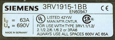 Siemens 3RV1915-1BB SIRIUS 690 V AC 63 A 3 Phase Size S00/S0 Bussbar