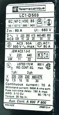 Telemecanique LC1-D503 LC1-D503K 500 V 50 A Contactor w/ 93-120 V AC Coil