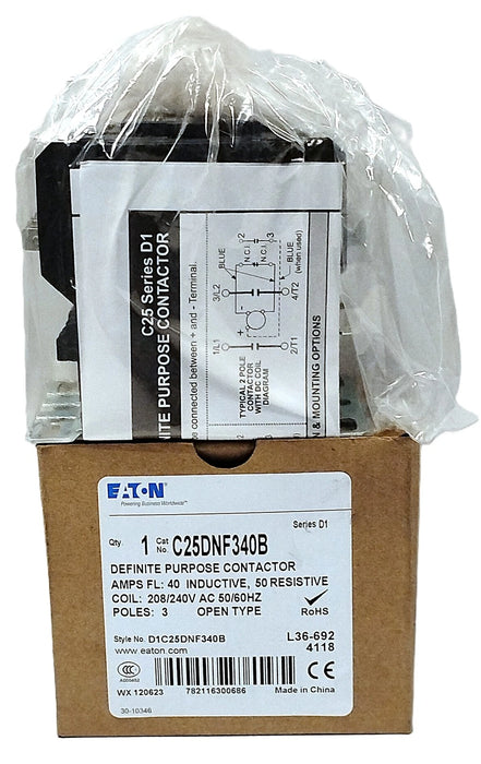 Eaton C25DNF340B 208-240 V AC 3-Pole Definite Purpose Contactor
