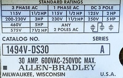 Allen-Bradley 1494V-DS30 600 V AC 30 A 20 HP 3 Phase Disconnect Switch