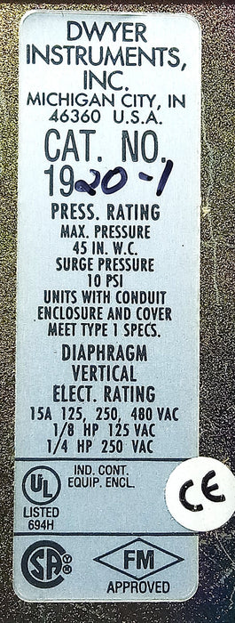 Dwyer 1920-1 45 in WC 10 psi 125/250/480 V AC 15 A Diaphragm Pressure Switch