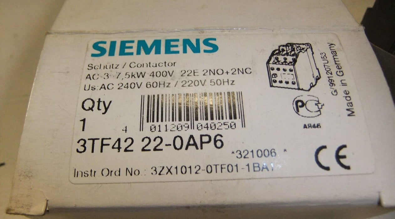 Siemens Contactor 3P 220/240V 3TF42 22-OAP6