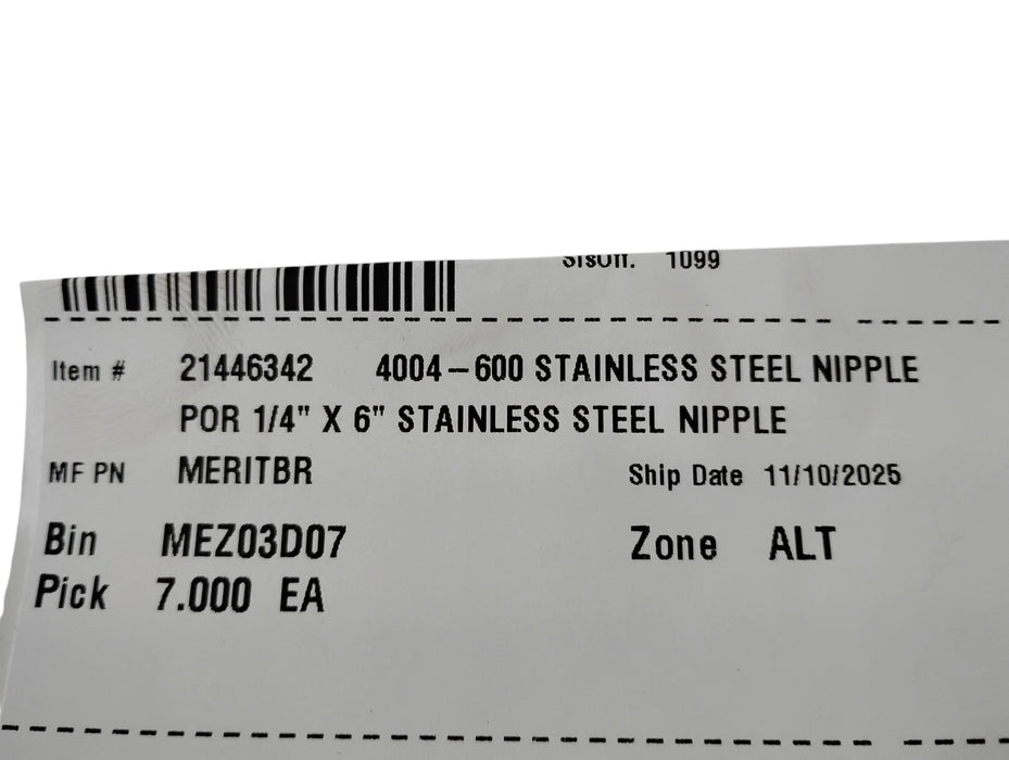 Merit Brass 4004-600 1/4" x 6" L MNPT Sch 40 304 Stainless Steel Pipe Nipple