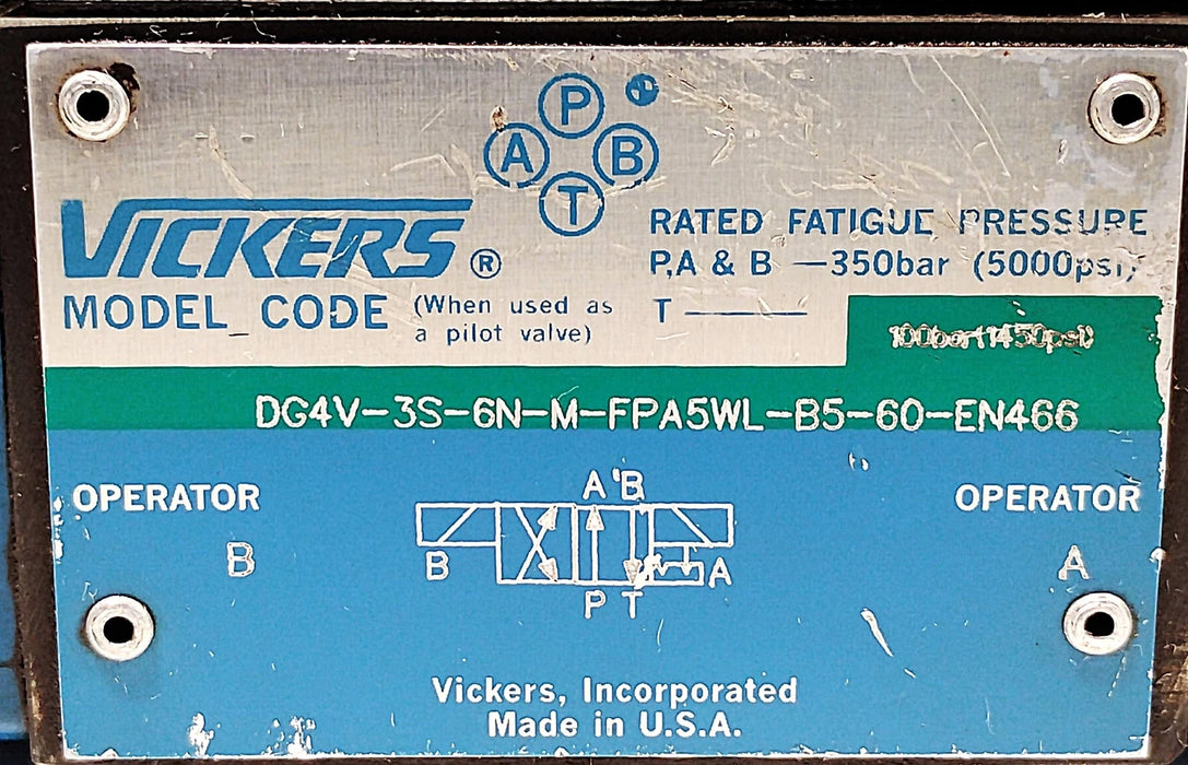 Vickers DG4V-3S-6N-M-FPA5WL-B5-60-EN466 Solenoid Valve w/ 110/120 V AC Coil