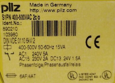Pilz S1PN 400/500VAC 2C/O 400-500 V AC Phase Sequence Monitoring Relay