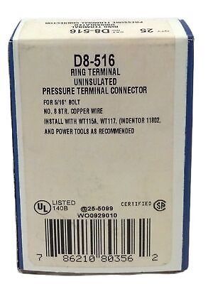 Thomas & Betts D8-516 Non-Insulated Tubular Ring Terminal Connector - Qty. of 25