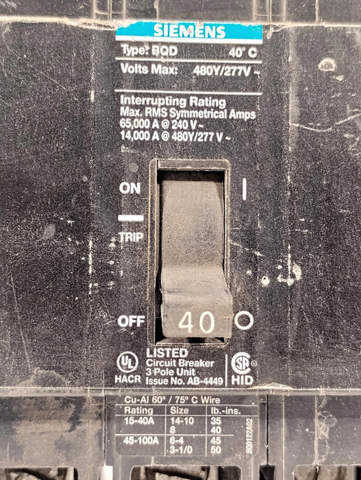 Siemens BQD340 480/277 V AC 40 A 3 Pole Circuit Breaker