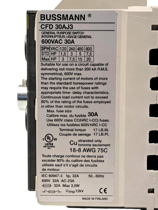 Bussmann CFD30AJ3 600 V AC 30 A 3 Pole Fusible Disconnect Switch w/ Rod