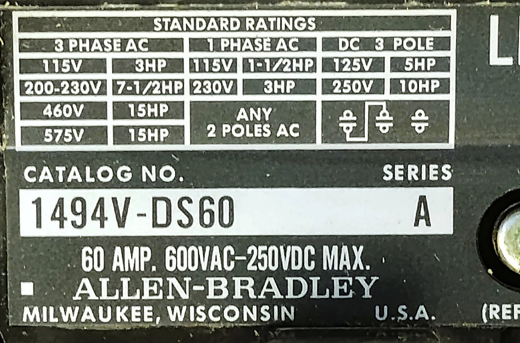 Allen-Bradley 1494V-DS60 600VAC/250VDC 60 A Load Disconnect Switch