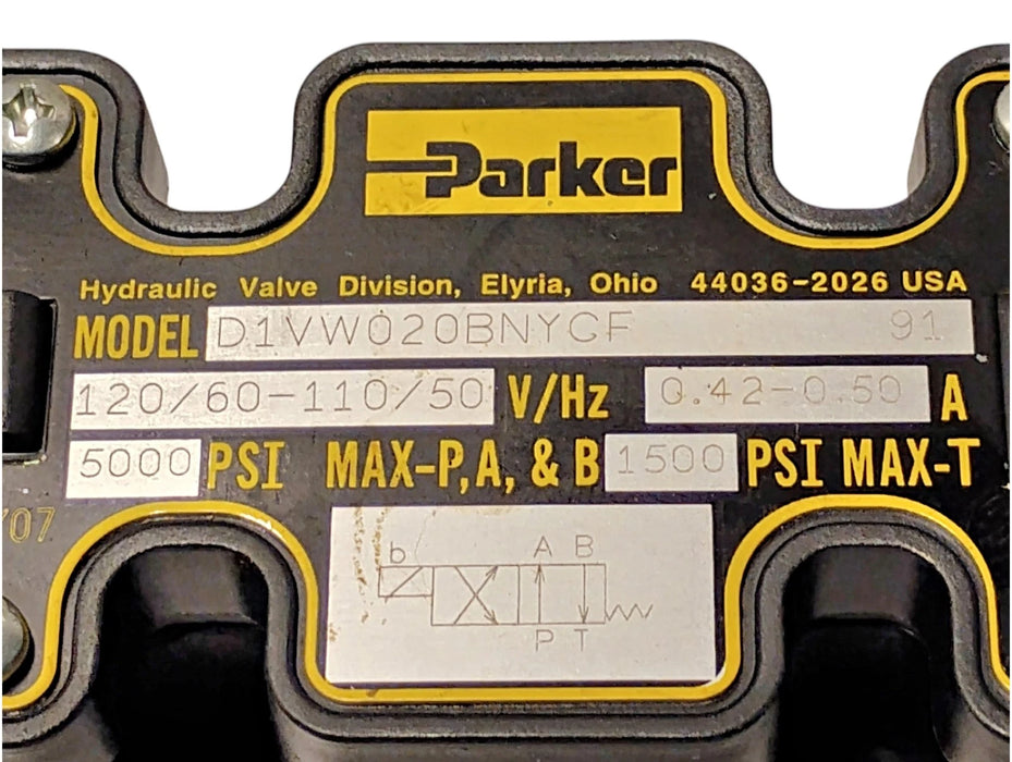 Parker D1VW020BNYCF 1500 psi Hydraulic Solenoid Valve w/ 110/120 V AC Coil