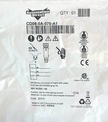 AutomationDirect CD08-0A-070-A1 7M 3 P M8 Axial Female to Pigtail Cable Lot of 2