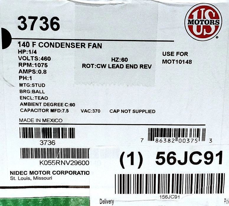 US Motors 3736 460 V AC 0.8 A 1/4 HP 1075 RPM TEAO Condenser Fan Motor