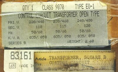 Square D 9070-EO1 Open Type Control Circuit Transformer