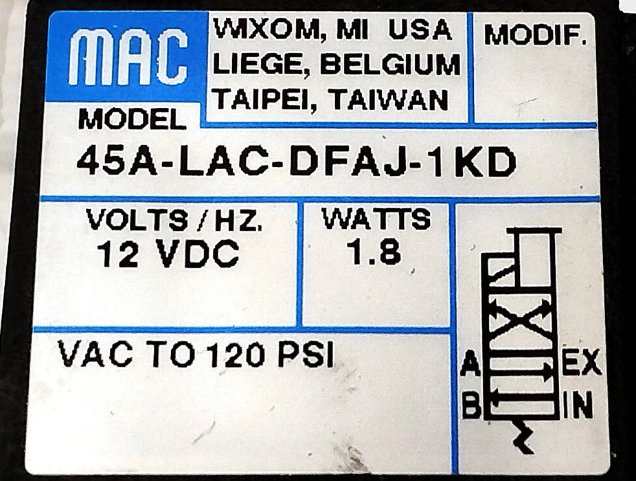 MAC Valves 45A-LAC-DFAJ-1KD VAC-120 psi Solenoid Valve w/ 12 V DC Coil