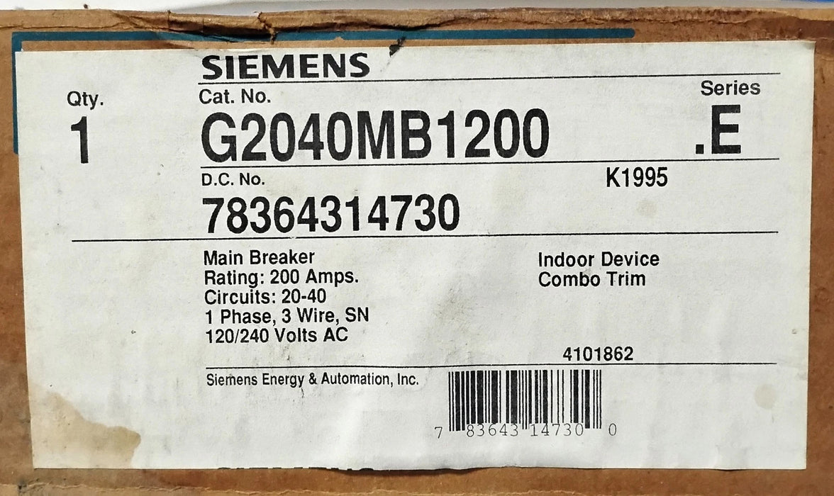 Siemens G2040MB1200 120/240 V AC 200 A 1 PH Indoor Main Breaker Load Center