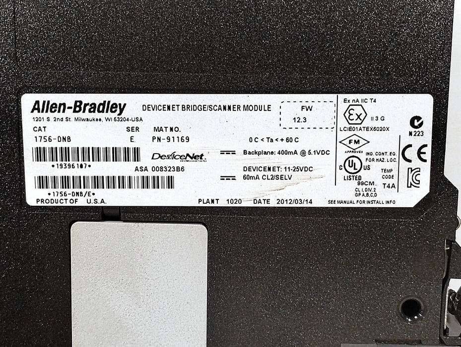 Allen-Bradley 1756-DNB Ser E F/W Rev 12.3 24 VDC Digital PLC Module No Cat Rev