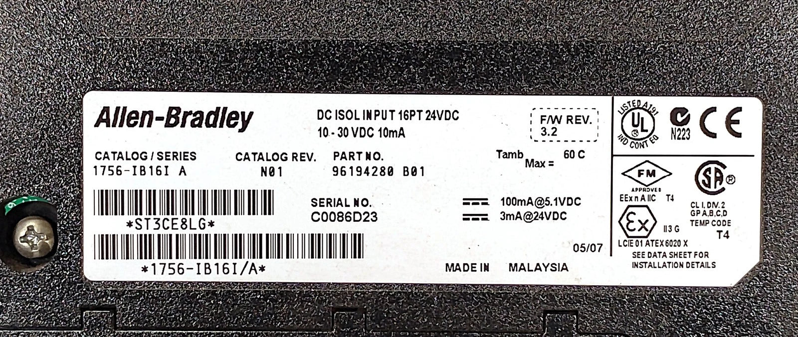 Allen-Bradley 1756-IB16I Ser A Rev N01 F/W Rev 3.2 24 VDC PLC Input Module